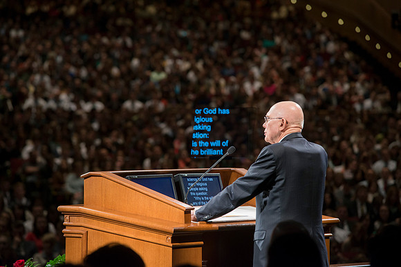 Elder Dallin H. Oaks speaks at devotional in the BYU-Idaho Center. BYU-Idaho photo by Michael Lewis