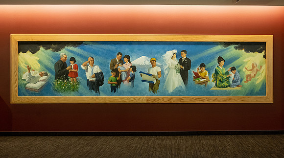 "Searching for the Purpose of Life" murals on display in the BYU-Idaho Center.