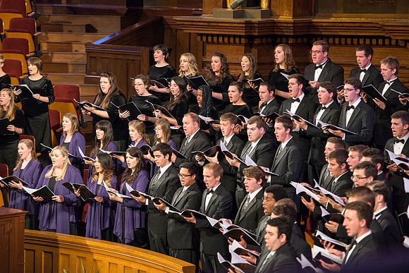Brigham Young University-Idaho's men's and women's choir sing in the tabernacle at Temple Square for the Sacred Music concert. Photo by Ryan Chase