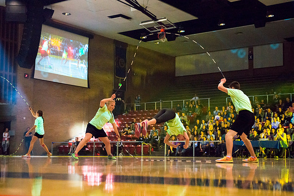 Brigham Young University-Idaho students, faculty and guests participate in the annual slam dunk competition held in the Hart Gym. Events included are the three-point shoot-out, a Spirit team performan