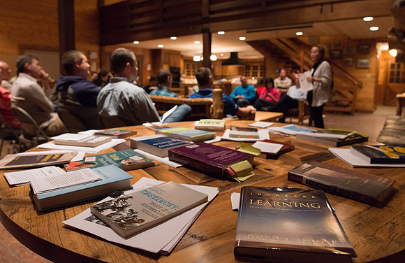 Retreat for teachers at the Sky Mountain Lodge in Victor, Idaho. Participants share a favorite book.