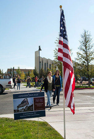Flags on display in the Central Quad celebrate Constitution Day. "Remembering the brave men and women who gave so much for our Independance and the freedoms we now enjoy."