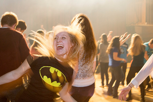 Students dance at an animal-themed dance party at in the Hart Gym.