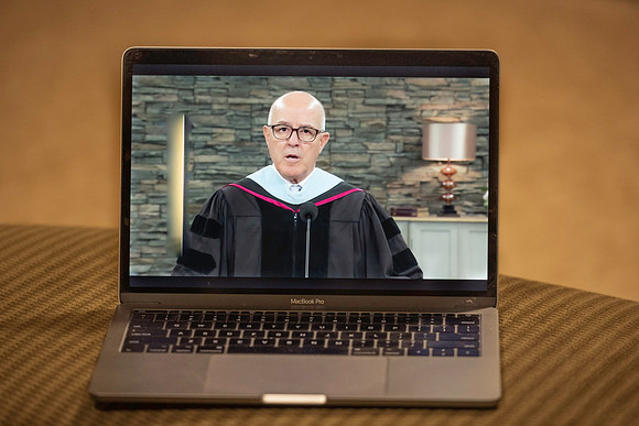 Elder L. Whitney Clayton speaks at Spring semester commencement broadcasted live during COVID-19.