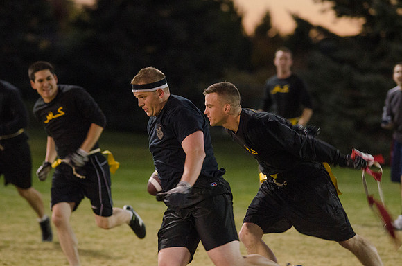 BYU-Idaho students play flag football with the rec sports program on BYU-Idaho campus