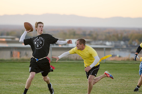 BYU-Idaho students play flag football with the rec sports program on BYU-Idaho campus