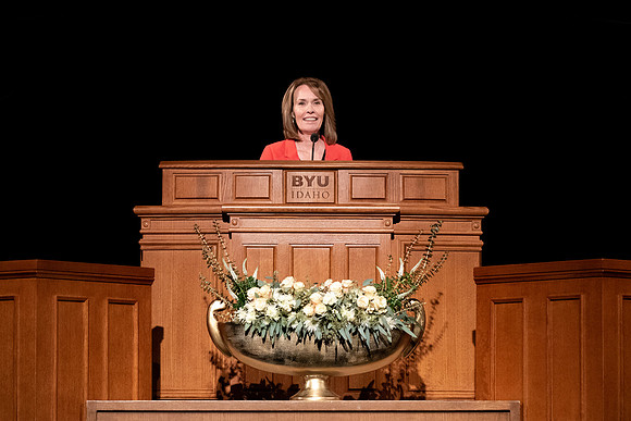 Amanda Kingsford speaks in devotional to an empty auditorium due to Covid-19 restrictions.