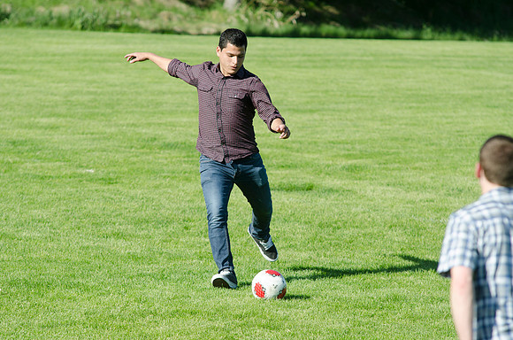 A student plays soccer.