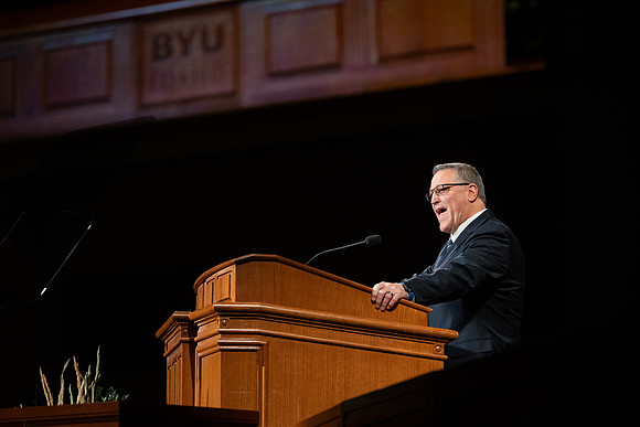Richard Whiting speaks at the BYUI Devotional.