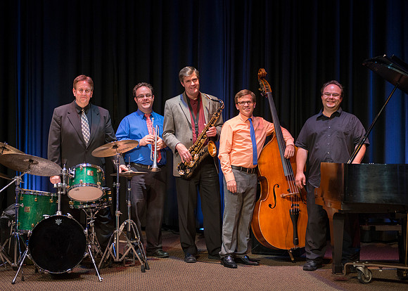 The quintet includes Jay lawrence (drums), Ryan Nielsen (trumpet), Mark Watkins (saxophone), Aaron Miller (bass), and Justin Nielson (piano).
