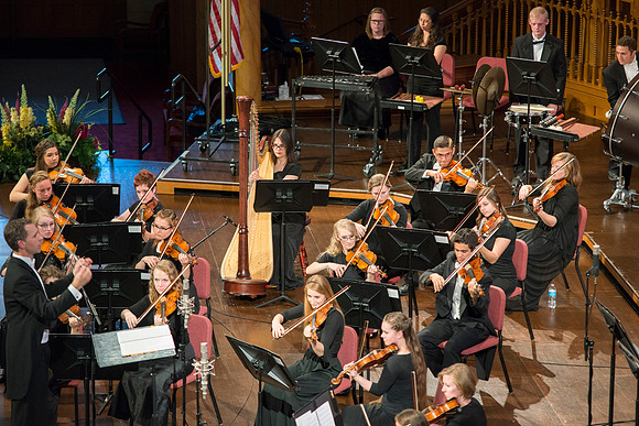 Students of Brigham Young University-Idaho play in the tabernacle for this year's Sacred Music Concert. Photo by Ryan Chase