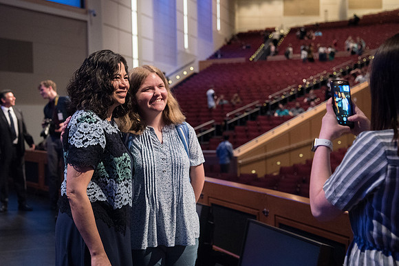 BYU-Idaho Devotional. Guest Speaker Reyna Aburto, Second Counselor in the General Relief Society, greeting the students after her talk. Spring Semester.