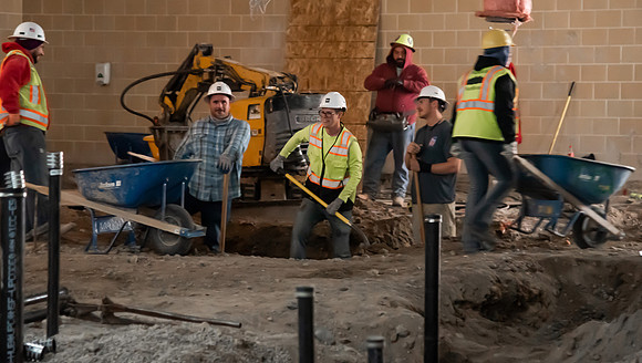 Construction in the BYUI Hart building main gym, locker rooms, and racquetball courts.