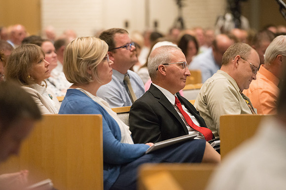 Sister Bonnie Cordon in the General Young Women's Presidency addresses Employees gathered in the Taylor Chapel.
