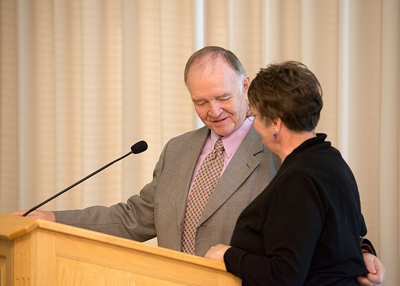 Ricks College Alumni gather to honor John and Trudy Bidwell at an Emeritus Breakfast.