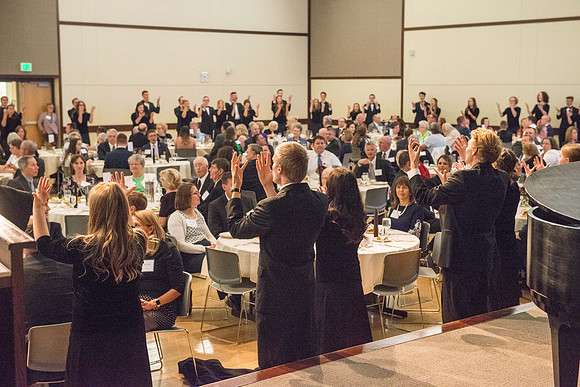 President Henry J Eyring hosts members of the President's Club who gather for a reception and banquet in the BYU-Idaho Marriott Center.