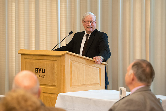 Ricks College Alumni gather to honor John and Trudy Bidwell at an Emeritus Breakfast.