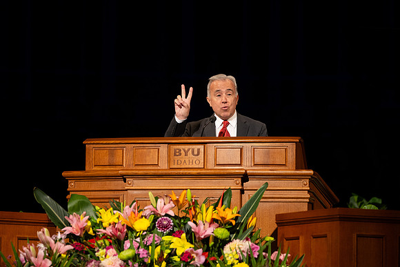 Sister Andrea Muñoz Spannaus and her husband Alin Spannaus speak to students at BYU-Idaho.