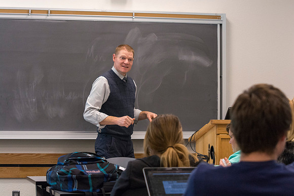 Jeremy Lamoreaux, faculty member of the Brigham Young University-Idaho Political Science department, teaching in class.