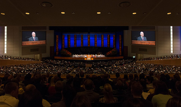 The BYU-Idaho Center filled to near capacity. Elder Russell M. Nelson