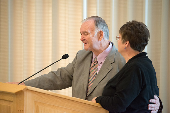 Ricks College Alumni gather to honor John and Trudy Bidwell at an Emeritus Breakfast.