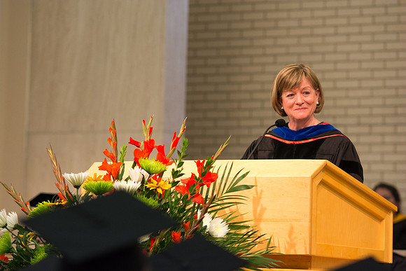 Young Womens General President, Bonnie L. Oscarson, speaks at the convocation ceremony for the College of Physical Sciences and Engineering held in the Taylor Chapel. Photo by Ryan Chase