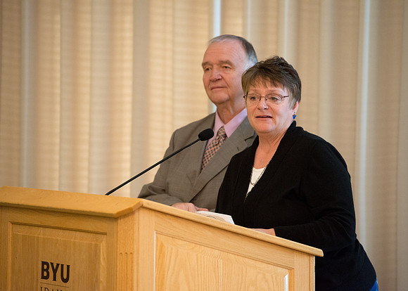 Ricks College Alumni gather to honor John and Trudy Bidwell at an Emeritus Breakfast.