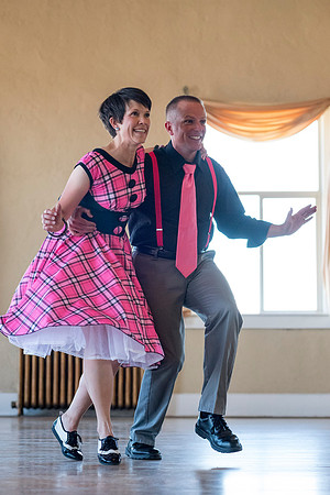 Adam and Jennifer Anderson dancing at the Woodman Ballroom for Online Recruiting marketing material.