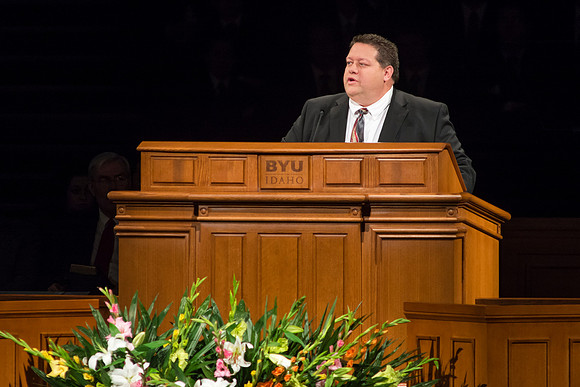 Kevin Price, of Human Resources at Brigham Young University-Idaho, speaks to students in the last devotional of the Winter 2014 semester.
