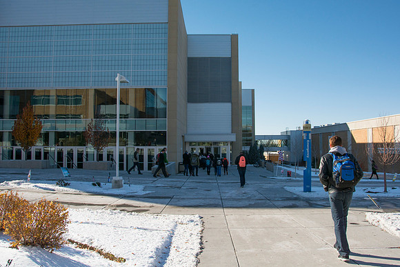 Student's walk to and from Devotional after the first snow fall of the semester.