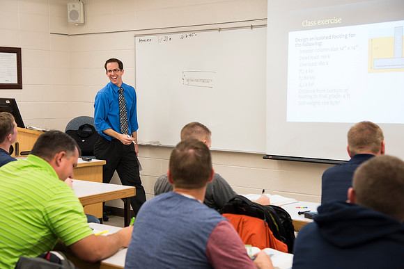 Students in a Civil Engineering class, Reinforced Concrete Design, are taught by Nathan Harris.