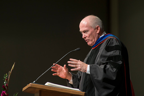 Elder Richard J. Maynes, Presidency of the Seventy, speaks at the College of Language and Letters Convocation in the Manwaring Center Ballroom.