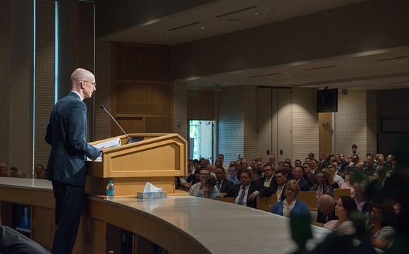 President Henry J Eyring speaks to BYU-Idaho Employees gathered for a meeting in the Taylor Chapel.