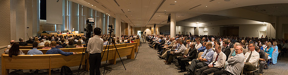 President Henry J Eyring speaks to BYU-Idaho Employees gathered for a meeting in the Taylor Chapel.