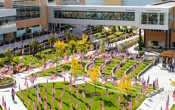 Flags on display in the Central Quad celebrate Constitution Day. "Remembering the brave men and women who gave so much for our Independance and the freedoms we now enjoy."