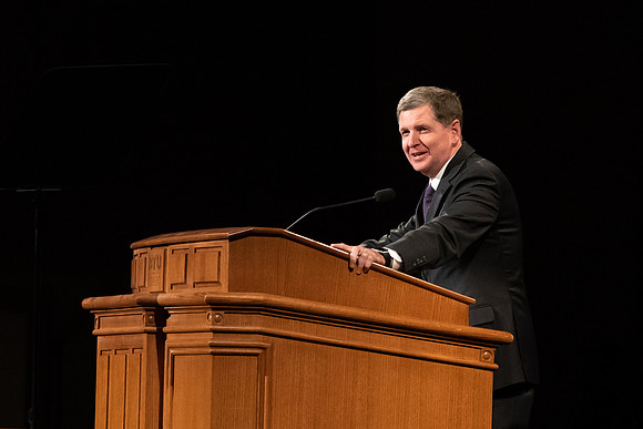 Elder James R. Rasband, General Authority Seventy, speaks to students at devotional in the BYU-Idaho Center.
