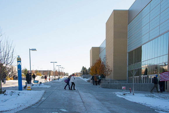 Student's walk to and from Devotional after the first snow fall of the semester.