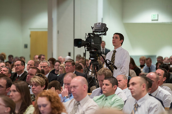 Employees gather in the Taylor Chapel for an All Employee Meeting where President Clark talked about the growth and future of Pathway and Online Learning.