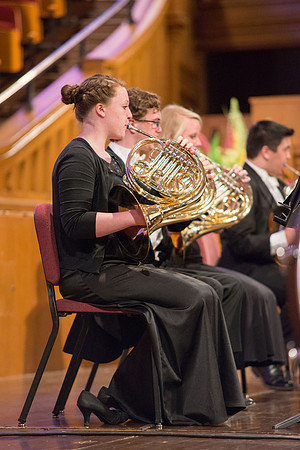 Students of the Brigham Young University-Idaho orchestra playing the French horn in the Sacred Music concert performed in the tabernacle at Temple Square. Photo by Ryan Chase
