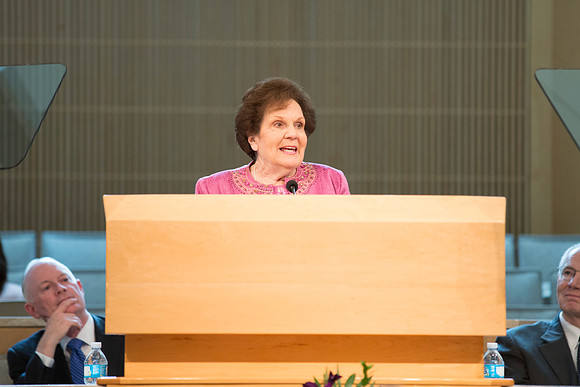 Sister Mary Ellen Smoot, Former General Relief Society President, speaks at opening ceremony.