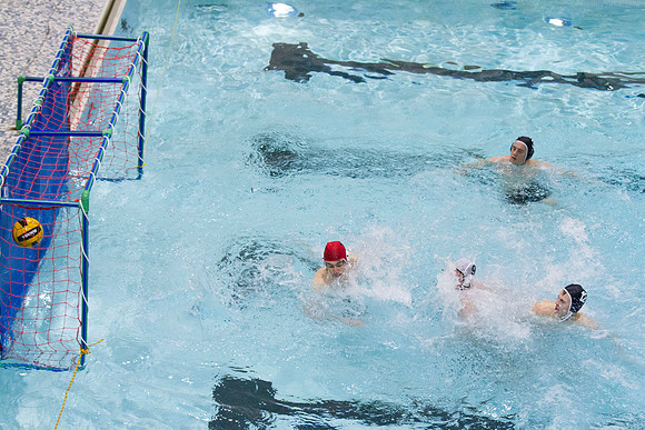 BYU-I students participate in the Competitive Men's Waterpolo league in the Hart Swimming Pool.