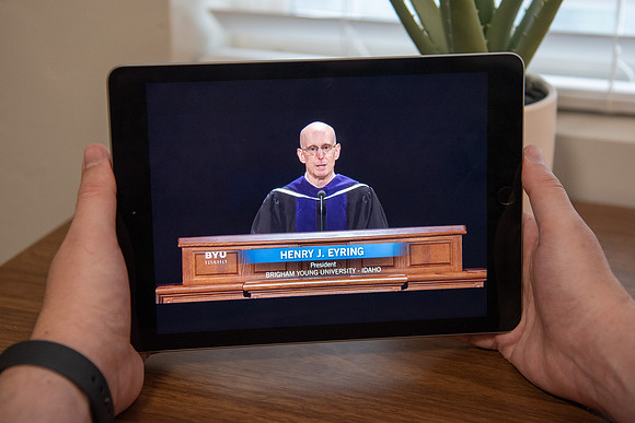 A BYU-Idaho Student watching President Henry J. Eyring during the Spring Graduation Live Stream.