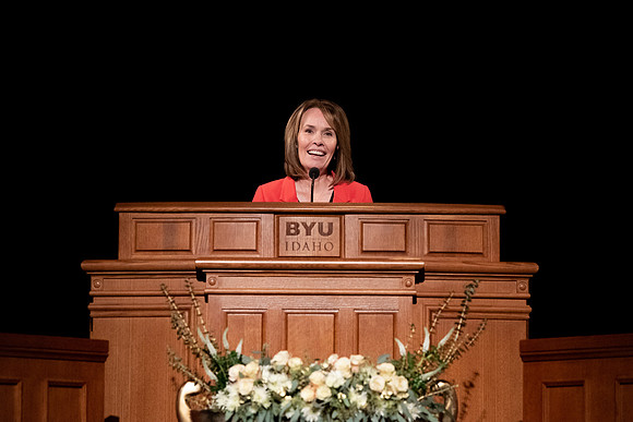 Amanda Kingsford speaks in devotional to an empty auditorium due to Covid-19 restrictions.