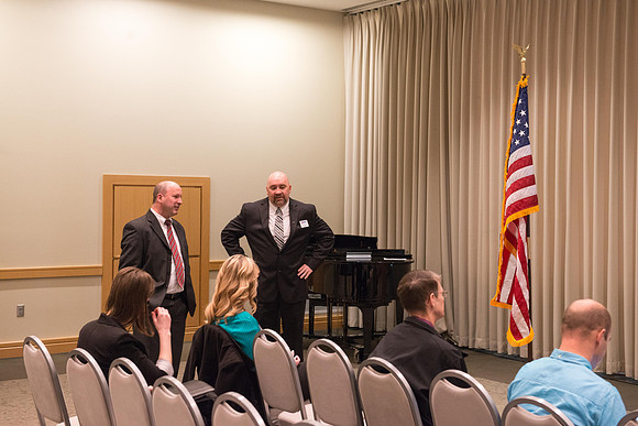 Todd Smith receiving an award on behalf of BYU-Idaho from the Office of the Secretary of Defense for the support BYU-Idaho has given to Peter Stilling while he has been serving in the Guard. Awarded b