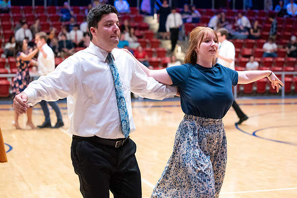 Students perform in a dance competition at the Hart Auditorium.