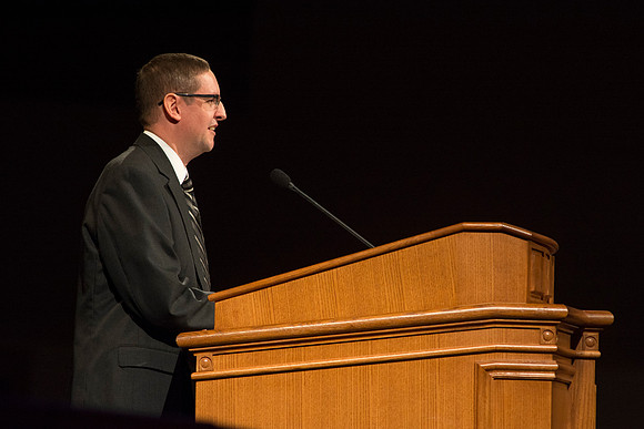 Brian Memmott, Associate Dean of the Art Department gives the devotional address at BYU-Idaho.