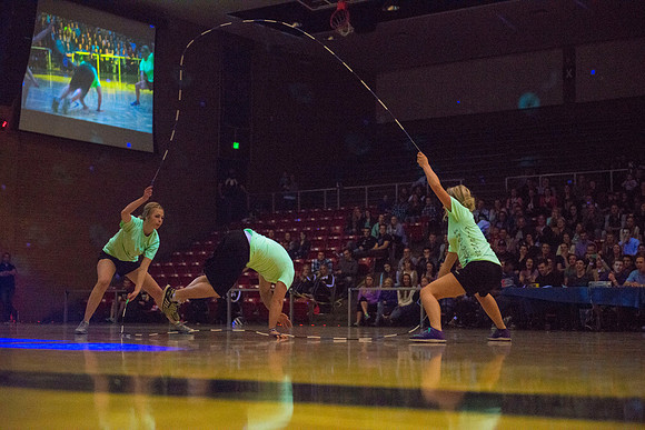 Brigham Young University-Idaho students, faculty and guests participate in the annual slam dunk competition held in the Hart Gym. Events included are the three-point shoot-out, a Spirit team performan