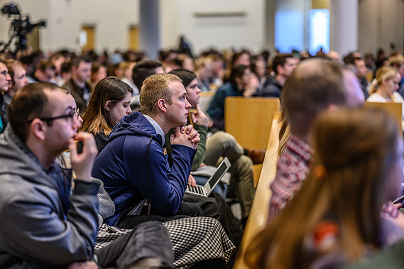 Students listen to Don Sleight, CEO of AgReserves, Inc for The Church of Jesus Christ of Latter-day Saints speak on the topic of: Learning From Science, Learning From Faith, in the Taylor Chapel.