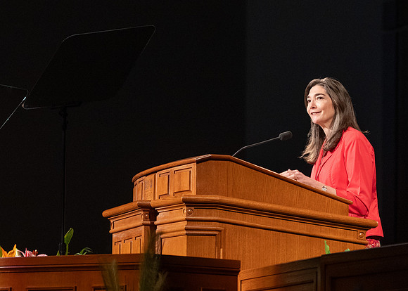Sister Andrea Muñoz Spannaus and her husband Alin Spannaus speak to students at BYU-Idaho.