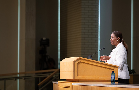 Michelle Amos from NASA speaking to BYUI students.